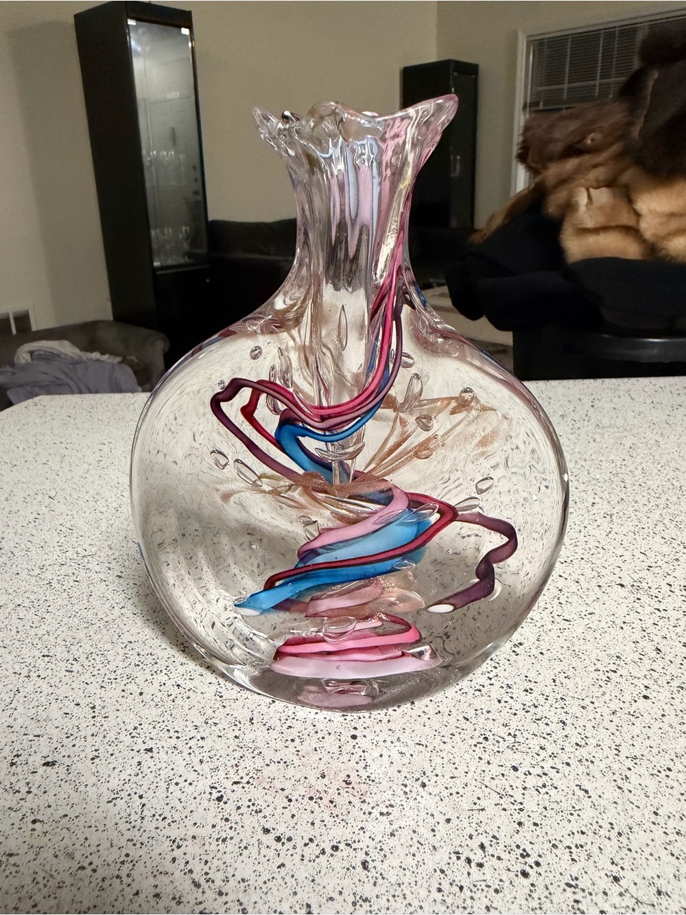 Robert L Hamon Art Glass Studio Vase Abstract Multicolor Swirl 8”